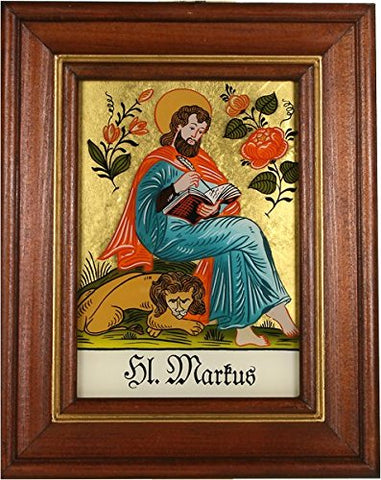 Hinterglaswerkstätten - Hinterglasbild/Patronatsbild Hl. Markus mit braun gebeizten Holzrahmen, handbemalt mit Legende des Heiligen auf der Bildrückseite, ca. B: 12,5 x H: 16 cm