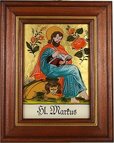 Hinterglaswerkstätten - Hinterglasbild/Patronatsbild Hl. Markus mit braun gebeizten Holzrahmen, handbemalt mit Legende des Heiligen auf der Bildrückseite, ca. B: 12,5 x H: 16 cm