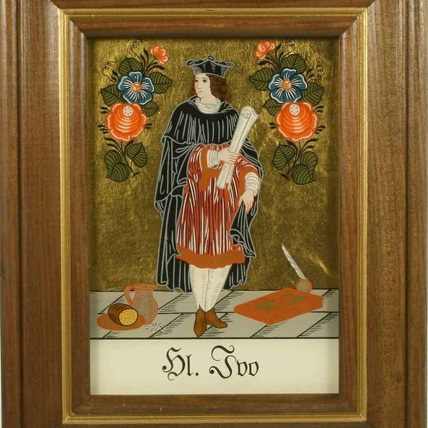 Hinterglasbild Hl. Ivo Holzrahmen Legende des Heiligen Bildrückseite, ca. B 12,5 x H 16 cm