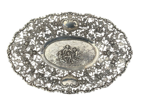 800 Silber Schale Relief Durchbruch Putte Engel Halbmond Krone 324 g 29x19 cm X9