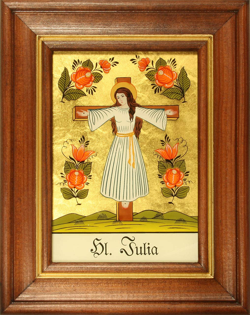 Hinterglaswerkstätten - Hinterglasbild/Patronatsbild Hl. Julia v. Karth mit braun gebeizten Holzrahmen, handbemalt mit Legende des Heiligen auf der Bildrückseite, ca. B: 12,5 x H: 16 cm