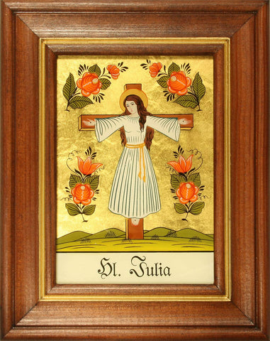 Hinterglaswerkstätten - Hinterglasbild/Patronatsbild Hl. Julia v. Karth mit braun gebeizten Holzrahmen, handbemalt mit Legende des Heiligen auf der Bildrückseite, ca. B: 12,5 x H: 16 cm