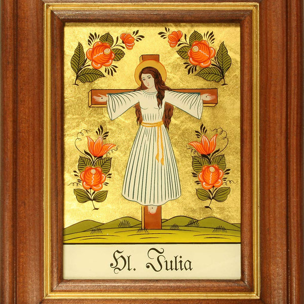 Hinterglaswerkstätten - Hinterglasbild/Patronatsbild Hl. Julia v. Karth mit braun gebeizten Holzrahmen, handbemalt mit Legende des Heiligen auf der Bildrückseite, ca. B: 12,5 x H: 16 cm