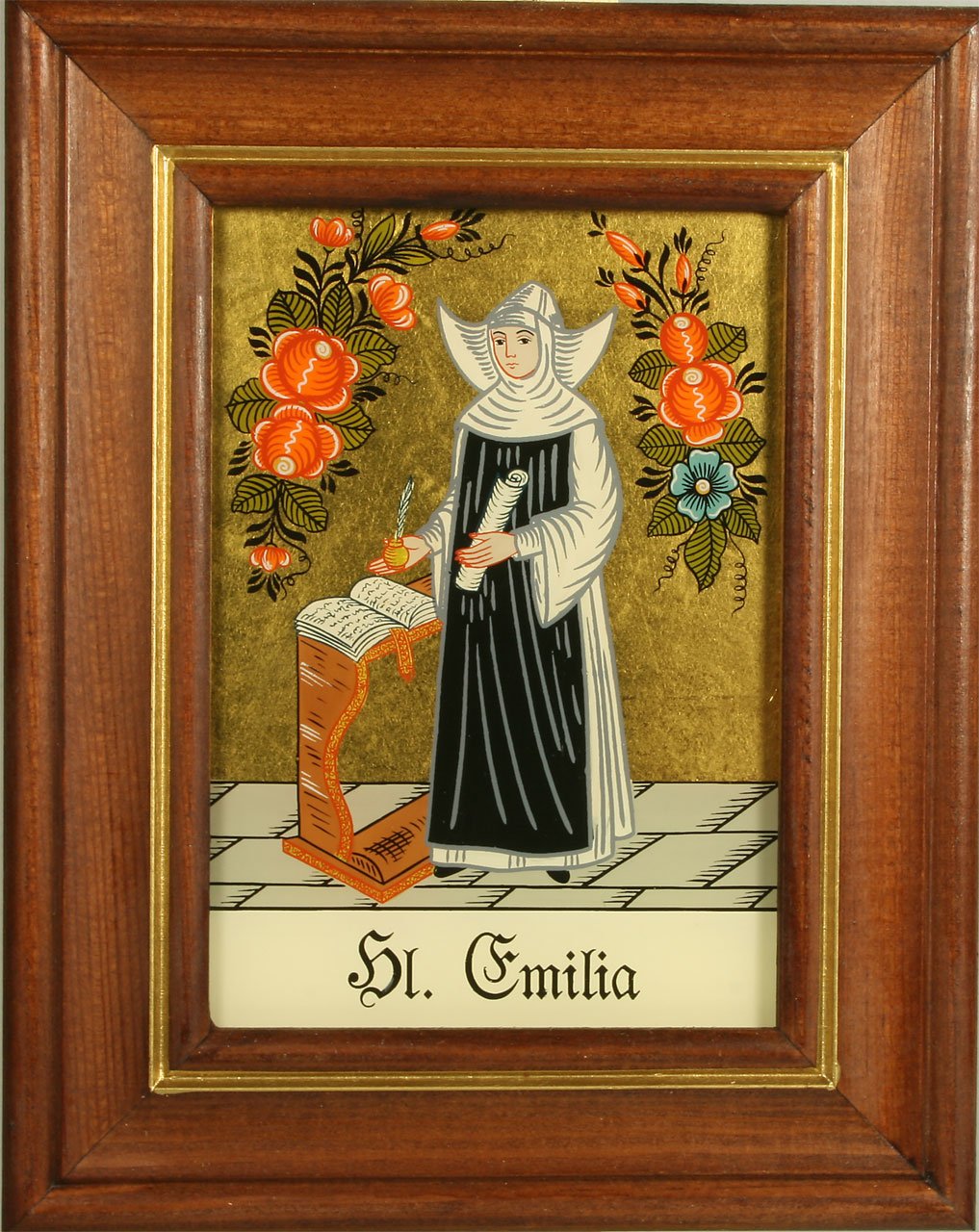 Hinterglaswerkstätten - Hinterglasbild/Patronatsbild Hl. Emilia mit braun gebeizten Holzrahmen, handbemalt mit Legende des Heiligen auf der Bildrückseite, ca. B: 12,5 x H: 16 cm