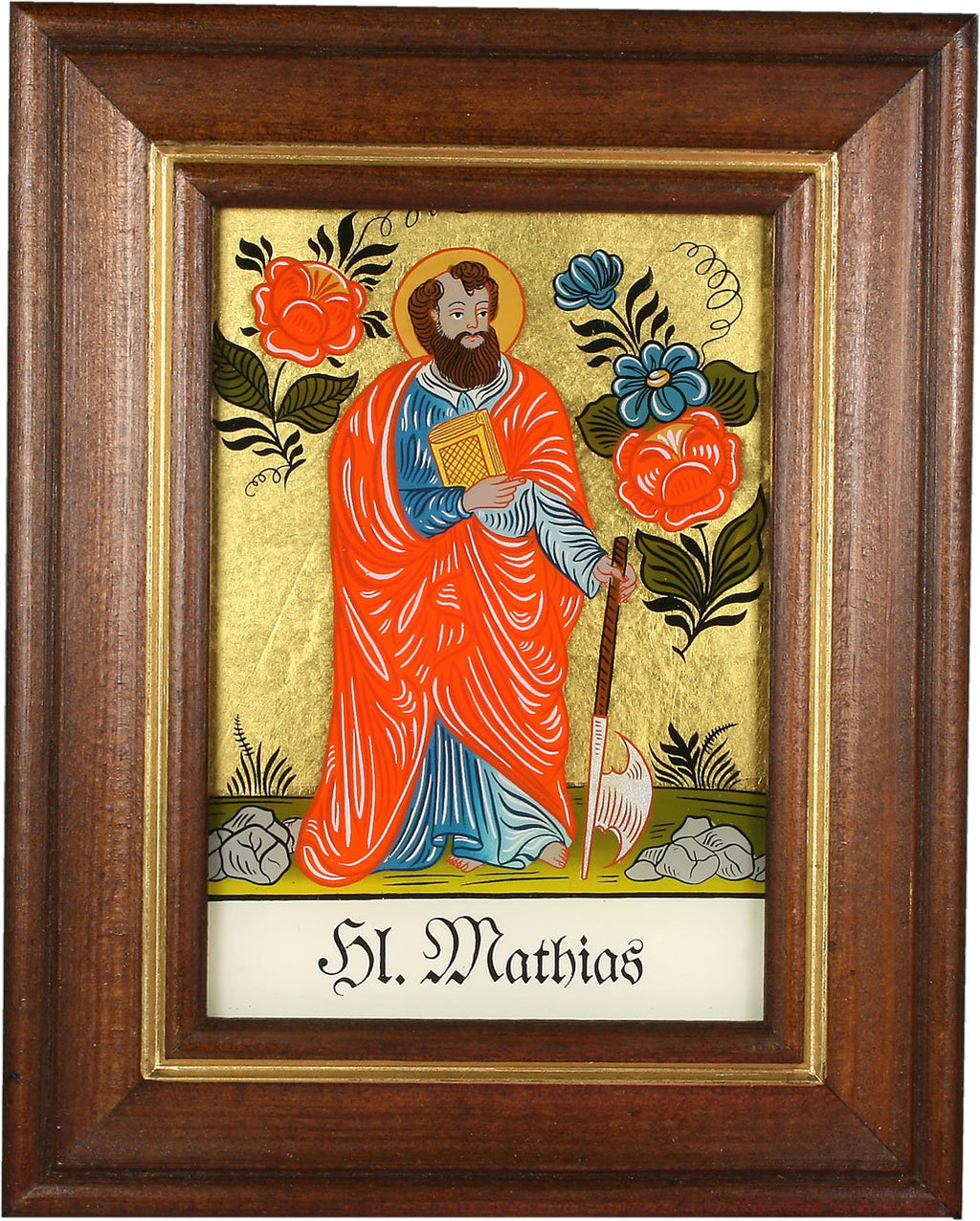 Hinterglaswerkstätten - Hinterglasbild/Patronatsbild Hl. Mathias mit braun gebeizten Holzrahmen, handbemalt mit Legende des Heiligen auf der Bildrückseite, ca. B: 12,5 x H: 16 cm