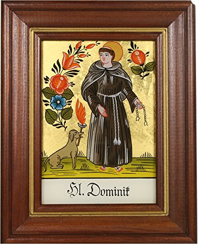 Hinterglaswerkstätten - Hinterglasbild/Patronatsbild Hl. Dominik mit braun gebeizten Holzrahmen, handbemalt mit Legende des Heiligen auf der Bildrückseite, ca. B: 12,5 x H: 16 cm