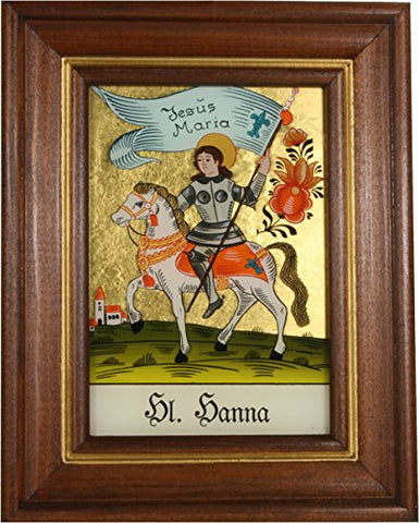 Hinterglaswerkstätten - Hinterglasbild / Patronatsbild Hl. Hanna mit braun gebeizten Holzrahmen, handbemalt mit Legende des Heiligen auf der Bildrückseite, ca. B: 12,5 x H: 16 cm