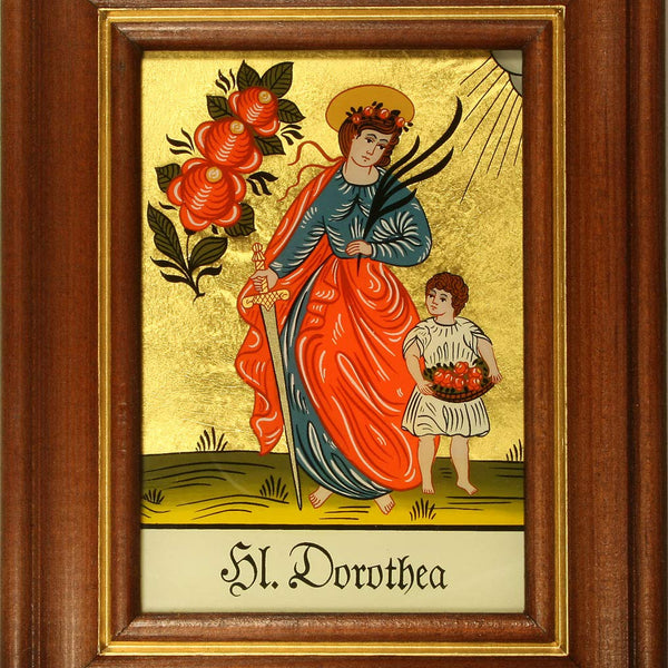 Hinterglasbild Hl. Dorothea Holzrahmen Legende des Heiligen  ca. B 12,5 x H 16 cm