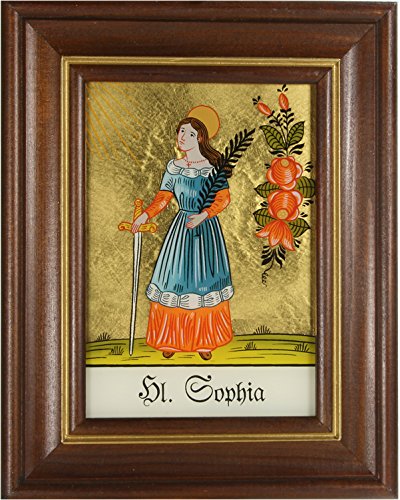 Hinterglasbild Hl. Sophia Holzrahmen handbemalt mit Legende des Heiligen auf der Bildrückseite, ca. B 12,5 x H 16 cm
