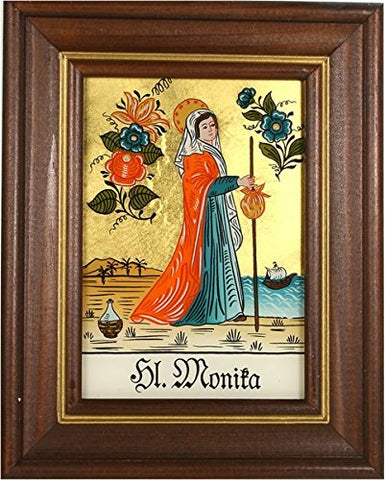 Hinterglaswerkstätten - Hinterglasbild/Patronatsbild Hl. Monika mit braun gebeizten Holzrahmen, handbemalt mit Legende des Heiligen auf der Bildrückseite, ca. B: 12,5 x H: 16 cm