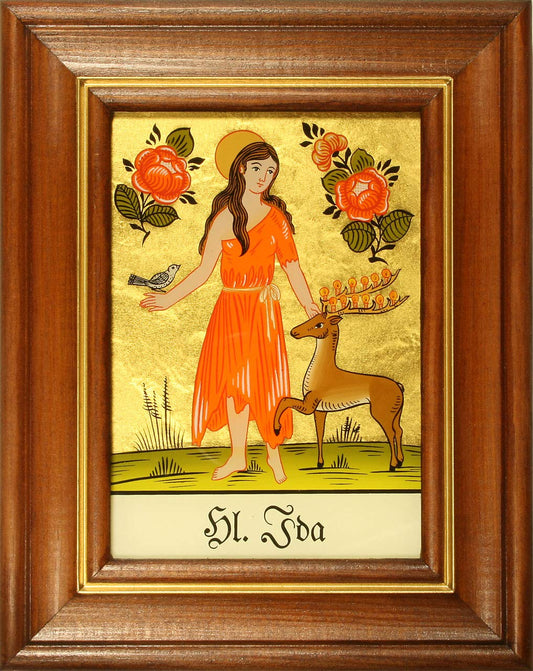 Hinterglaswerkstätten - Hinterglasbild/Patronatsbild Hl. Ida mit braun gebeizten Holzrahmen, handbemalt mit Legende des Heiligen auf der Bildrückseite, ca. B: 12,5 x H: 16 cm