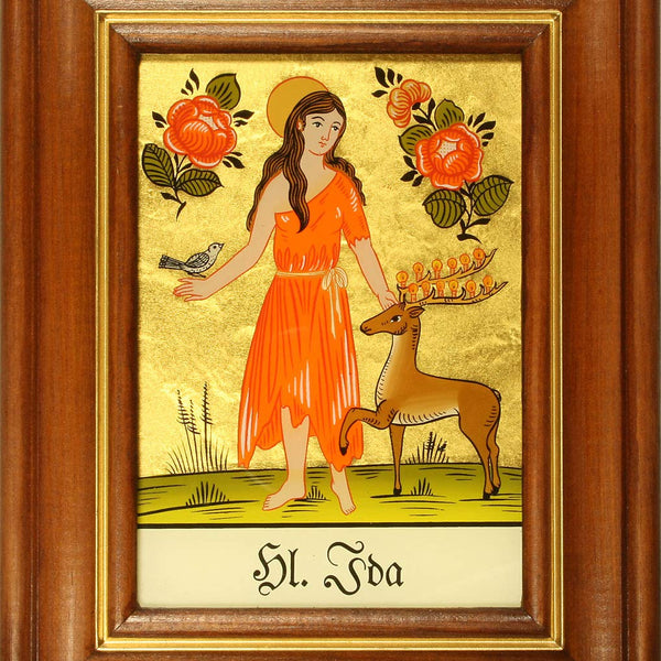 Hinterglaswerkstätten - Hinterglasbild/Patronatsbild Hl. Ida mit braun gebeizten Holzrahmen, handbemalt mit Legende des Heiligen auf der Bildrückseite, ca. B: 12,5 x H: 16 cm