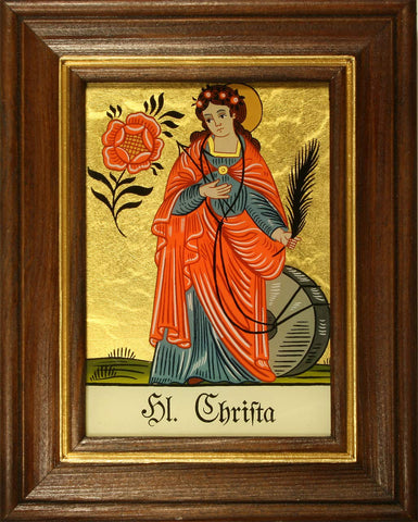 Hinterglaswerkstätten - Hinterglasbild/Patronatsbild Hl. Christa mit braun gebeizten Holzrahmen, handbemalt mit Legende des Heiligen auf der Bildrückseite, ca. B: 12,5 x H: 16 cm