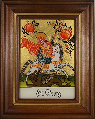 Hinterglaswerkstätten - Hinterglasbild/Patronatsbild Hl. Georg mit braun gebeizten Holzrahmen, handbemalt mit Legende des Heiligen auf der Bildrückseite, ca. B: 12,5 x H: 16 cm
