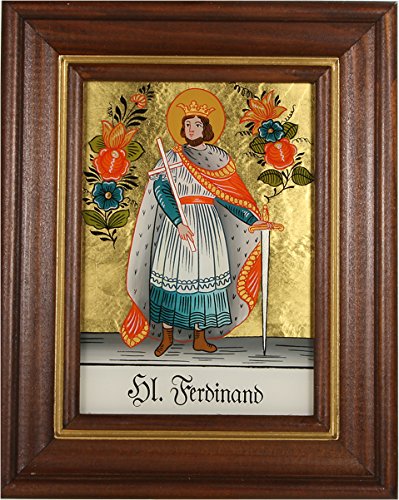 Hinterglasbild Hl. Ferdinand Holzrahmen Legende des Heiligen Bildrückseite, ca. B 12,5 x H 16 cm