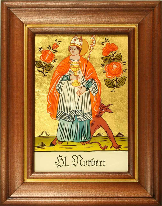 Hinterglaswerkstätten - Hinterglasbild/Patronatsbild Hl. Norbert mit braun gebeizten Holzrahmen, handbemalt mit Legende des Heiligen auf der Bildrückseite, ca. B: 12,5 x H: 16 cm