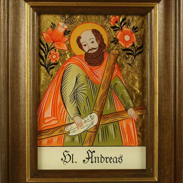 Hinterglasenbild Hl. Andreas Holzrahmen Handbemalt 12,5 x 16 cm
