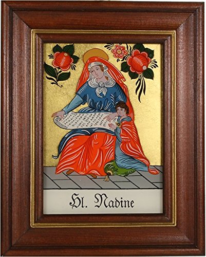 Hinterglaswerkstätten - Hinterglasbild/Patronatsbild Hl. Nadine mit braun gebeizten Holzrahmen, handbemalt mit Legende des Heiligen auf der Bildrückseite, ca. B: 12,5 x H: 16 cm