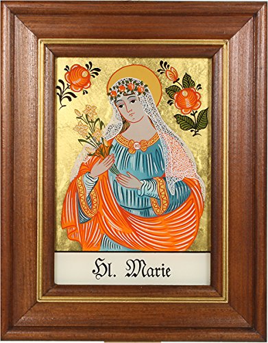 Hinterglaswerkstätten - Hinterglasbild / Patronatsbild "Hl. Marie" mit braun gebeizten Holzrahmen, handbemalt mit Legende des Heiligen auf der Bildrückseite, ca. B: 12,5 x H: 16 cm