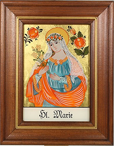 Hinterglaswerkstätten - Hinterglasbild / Patronatsbild "Hl. Marie" mit braun gebeizten Holzrahmen, handbemalt mit Legende des Heiligen auf der Bildrückseite, ca. B: 12,5 x H: 16 cm