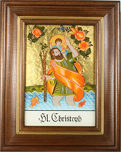 Hinterglaswerkstätten - Hinterglasbild / Patronatsbild Hl. Christoph mit braun gebeizten Holzrahmen, handbemalt mit Legende des Heiligen auf der Bildrückseite, ca. B: 12,5 x H: 16 cm