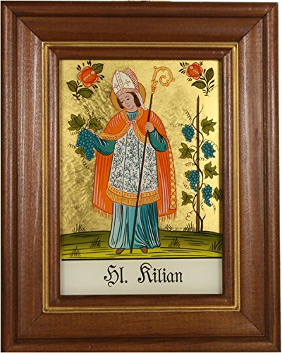 Hinterglaswerkstätten - Hinterglasbild/Patronatsbild Hl. Kilian mit braun gebeizten Holzrahmen, handbemalt mit Legende des Heiligen auf der Bildrückseite, ca. B: 12,5 x H: 16 cm
