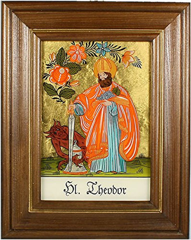 Hinterglaswerkstätten - Hinterglasbild / Patronatsbild Hl. Theodor mit braun gebeizten Holzrahmen, handbemalt mit Legende des Heiligen auf der Bildrückseite, ca. B: 12,5 x H: 16 cm
