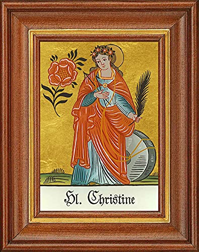 Hinterglaswerkstätten - Hinterglasbild/Patronatsbild Hl. Christine mit braun gebeizten Holzrahmen, handbemalt mit Legende des Heiligen auf der Bildrückseite, ca. B: 12,5 x H: 16 cm