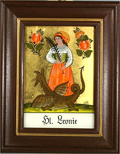 Hinterglaswerkstätten - Hinterglasbild / Patronatsbild Hl. Leonie mit braun gebeizten Holzrahmen, handbemalt mit Legende des Heiligen auf der Bildrückseite, ca. B: 12,5 x H: 16 cm