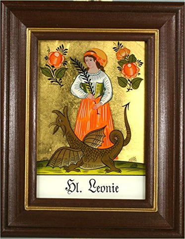 Hinterglaswerkstätten - Hinterglasbild / Patronatsbild Hl. Leonie mit braun gebeizten Holzrahmen, handbemalt mit Legende des Heiligen auf der Bildrückseite, ca. B: 12,5 x H: 16 cm