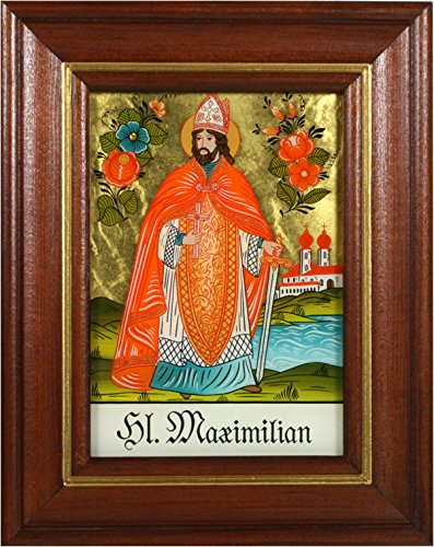 Hinterglasbild Hl. Maximilian Holzrahmen Legende des Heiligen auf der Bildrückseite, ca. B 12,5 x H 16 cm