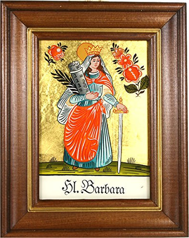 Hinterglaswerkstätten - Hinterglasbild/Patronatsbild Hl. Barbara Turm mit braun gebeizten Holzrahmen, handbemalt mit Legende des Heiligen auf der Bildrückseite, ca. B: 12,5 x H: 16 cm