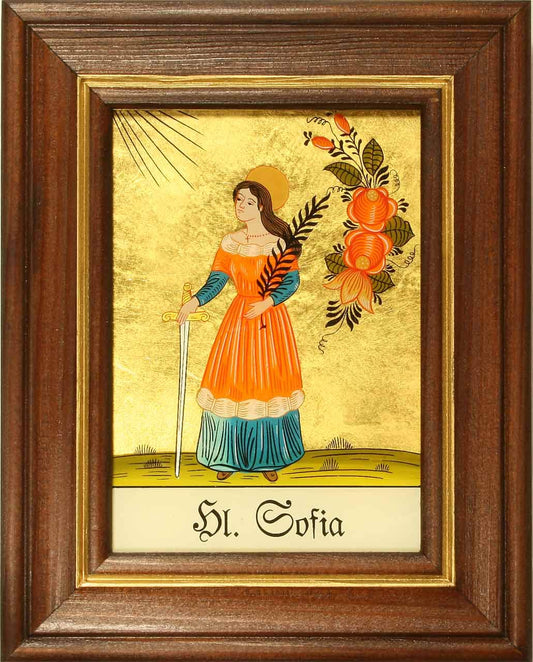 Hinterglaswerkstätten - Hinterglasbild / Patronatsbild "Hl. Sofia" mit braun gebeizten Holzrahmen, handbemalt mit Legende des Heiligen auf der Bildrückseite, ca. B: 12,5 x H: 16 cm