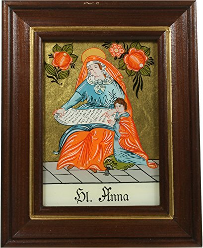 Hinterglasbild Hl. Anna mit braun gebeizten Holzrahmen Legende des Heiligen Bildrückseite ca. B 12,5 x H 16 cm