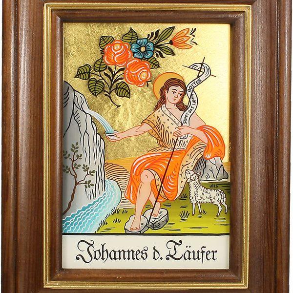 Hinterglasbild Hl. Johannes d. Täufer mit braun gebeizten Holzrahmen ca.  12,5 x  16 cm
