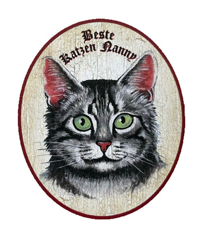 KuK Nostalgie Holzschild “Beste Katzen Nanny“ Katze Sitterin Tabby Getigert Grau