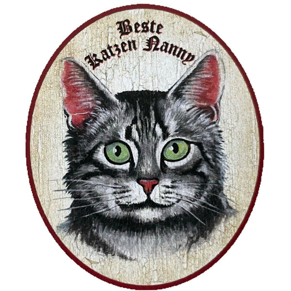KuK Nostalgie Holzschild “Beste Katzen Nanny“ Katze Sitterin Tabby Getigert Grau