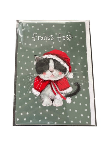 Alex Clark Weihnachtskarte „Frohes Fest – Katze mit Weihnachtsmütze“