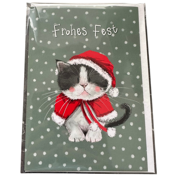 Alex Clark Weihnachtskarte „Frohes Fest – Katze mit Weihnachtsmütze“