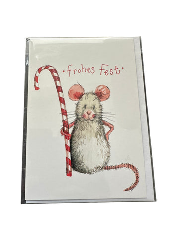 Alex Clark Weihnachtskarte „Frohes Fest – Maus mit Zuckerstange“