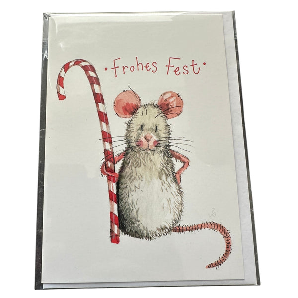 Alex Clark Weihnachtskarte „Frohes Fest – Maus mit Zuckerstange“
