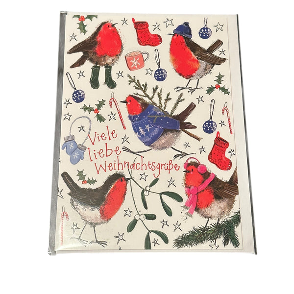 Alex Clark Weihnachtskarte „Viele liebe Weihnachtsgrüße – Rotkehlchen mit Winterkleidung“
