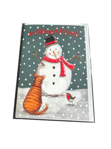 Alex Clark Weihnachtskarte „Weihnachtspost – Schneemann mit Katze und Rotkehlchen“