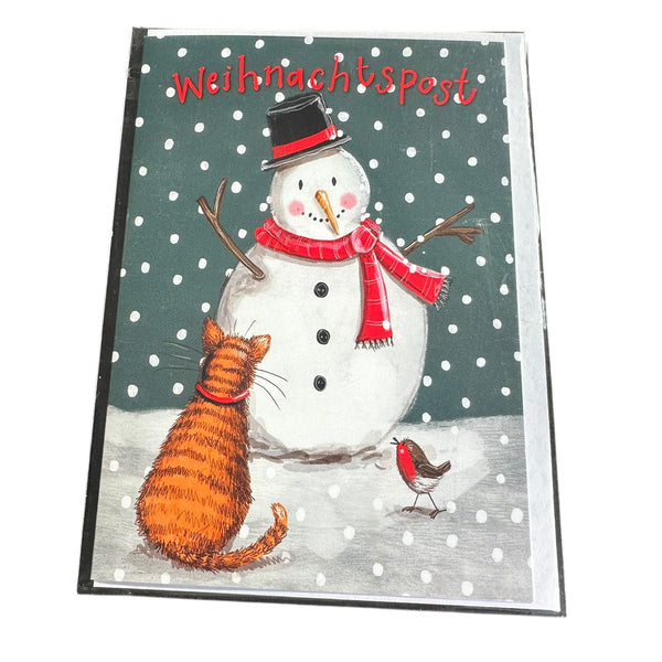 Alex Clark Weihnachtskarte „Weihnachtspost – Schneemann mit Katze und Rotkehlchen“