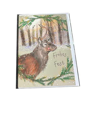 Alex Clark Weihnachtskarte „Frohes Fest – Hirsch im Winterwald“