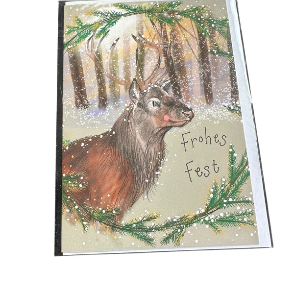 Alex Clark Weihnachtskarte „Frohes Fest – Hirsch im Winterwald“