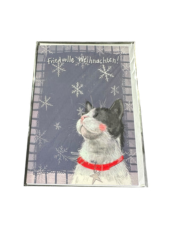 Alex Clark Weihnachtskarte „Friedvolle Weihnachten – Katze mit rotem Halsband“