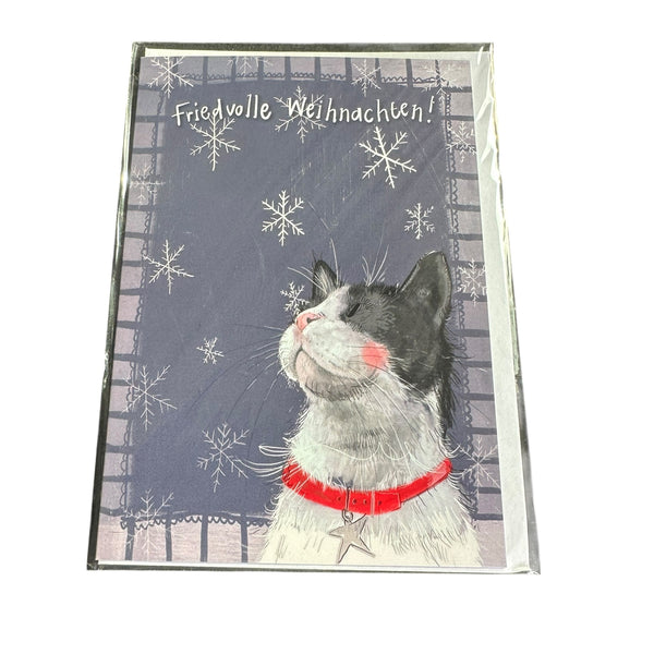 Alex Clark Weihnachtskarte „Friedvolle Weihnachten – Katze mit rotem Halsband“