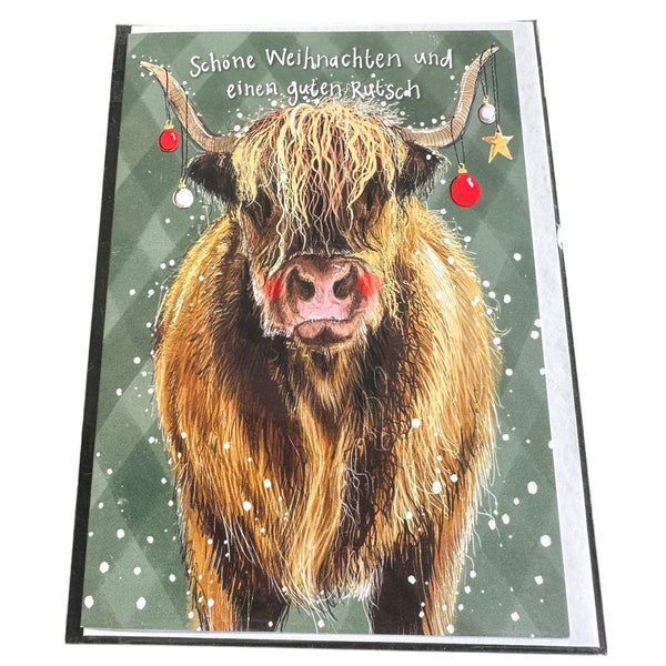 Alex Clark Weihnachtskarte „Schöne Weihnachten und einen guten Rutsch – Highland Rind“