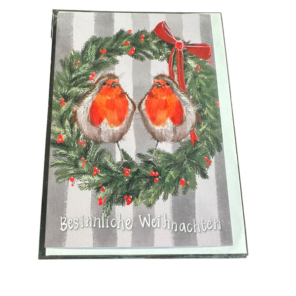 Alex Clark Weihnachtskarte „Besinnliche Weihnachten – Rotkehlchen im Kranz“